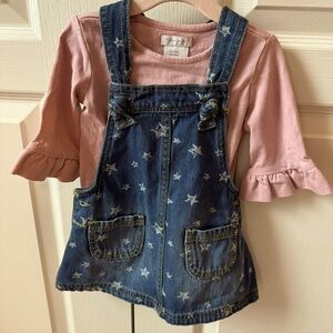 Tahari Baby Jean Jumper Dress with 3/4 length light pink shirt - Size 18 months